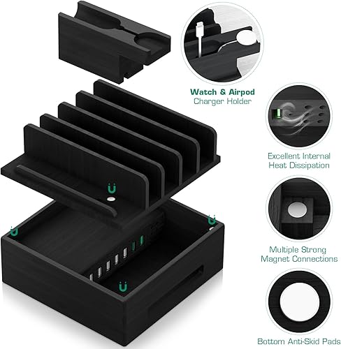 Miniatura 10 de Estación de carga de bambú para múltiples dispositivos, estación de carga de la familia Darfoo con 7 puertos USB y 1 soporte para reloj-auricular, 7