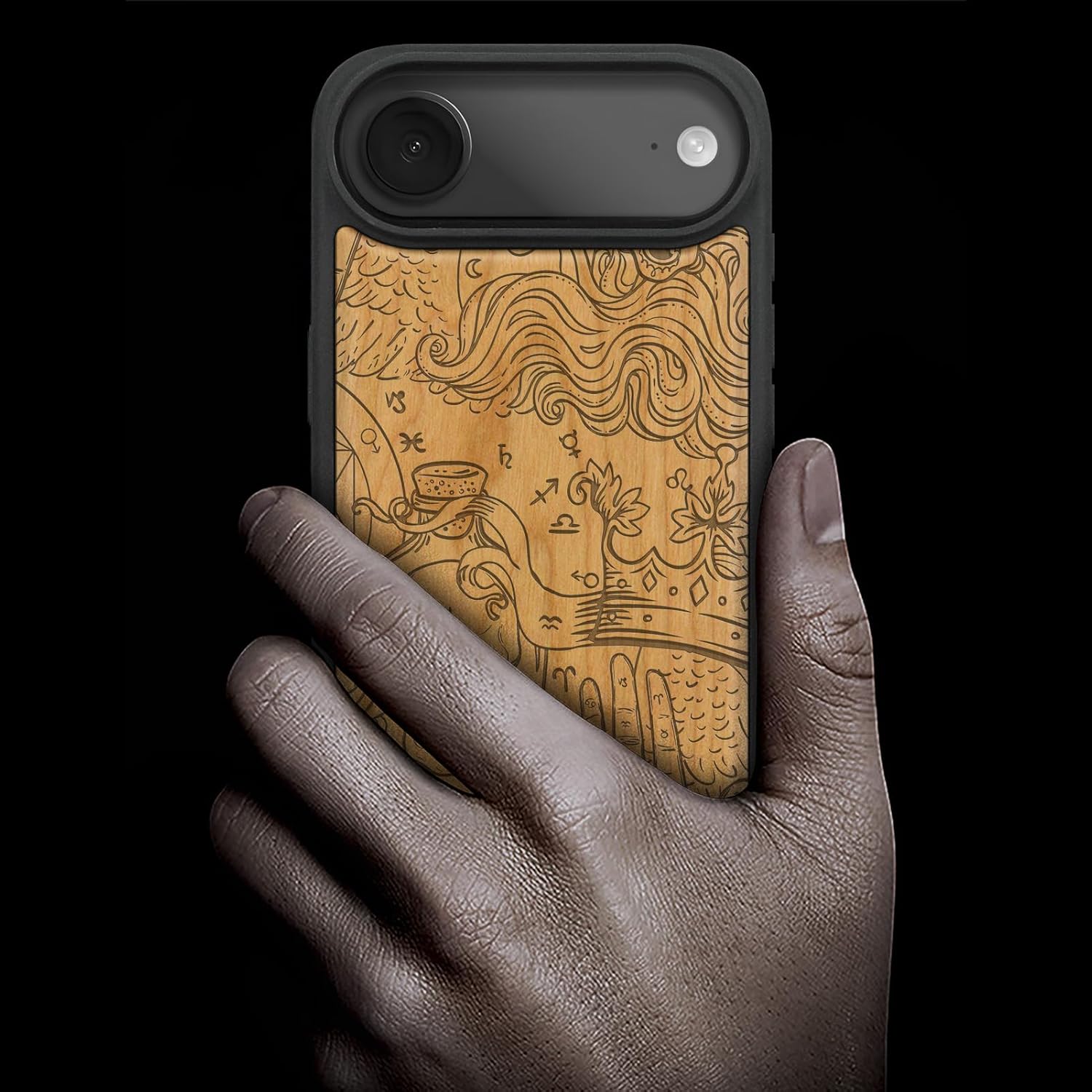 Carveit Magnetic Wooden Case for iPhone Air Case, Wood Artisan Engraved & Soft TPU Shockproof Cover, Compatible with MagSafe 17 Air Wireless Chargers (Zodiac Mystique) Cherry