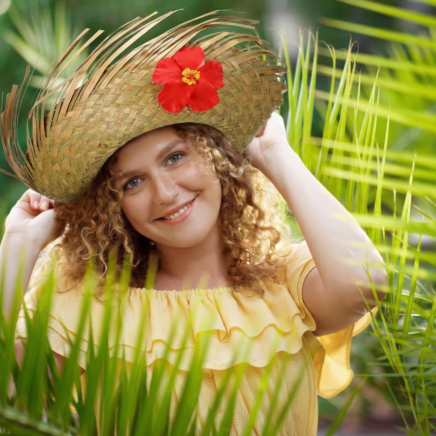 Cuffbow 4 Pcs Hawaii Straw Hat Pava Hat Puerto Rico Hibiscus Beachcomber Panama Cap Hawaiian Luau Farmer Cap Sombrero Headwear for Summer Pool Party Props Accessories(Natural)