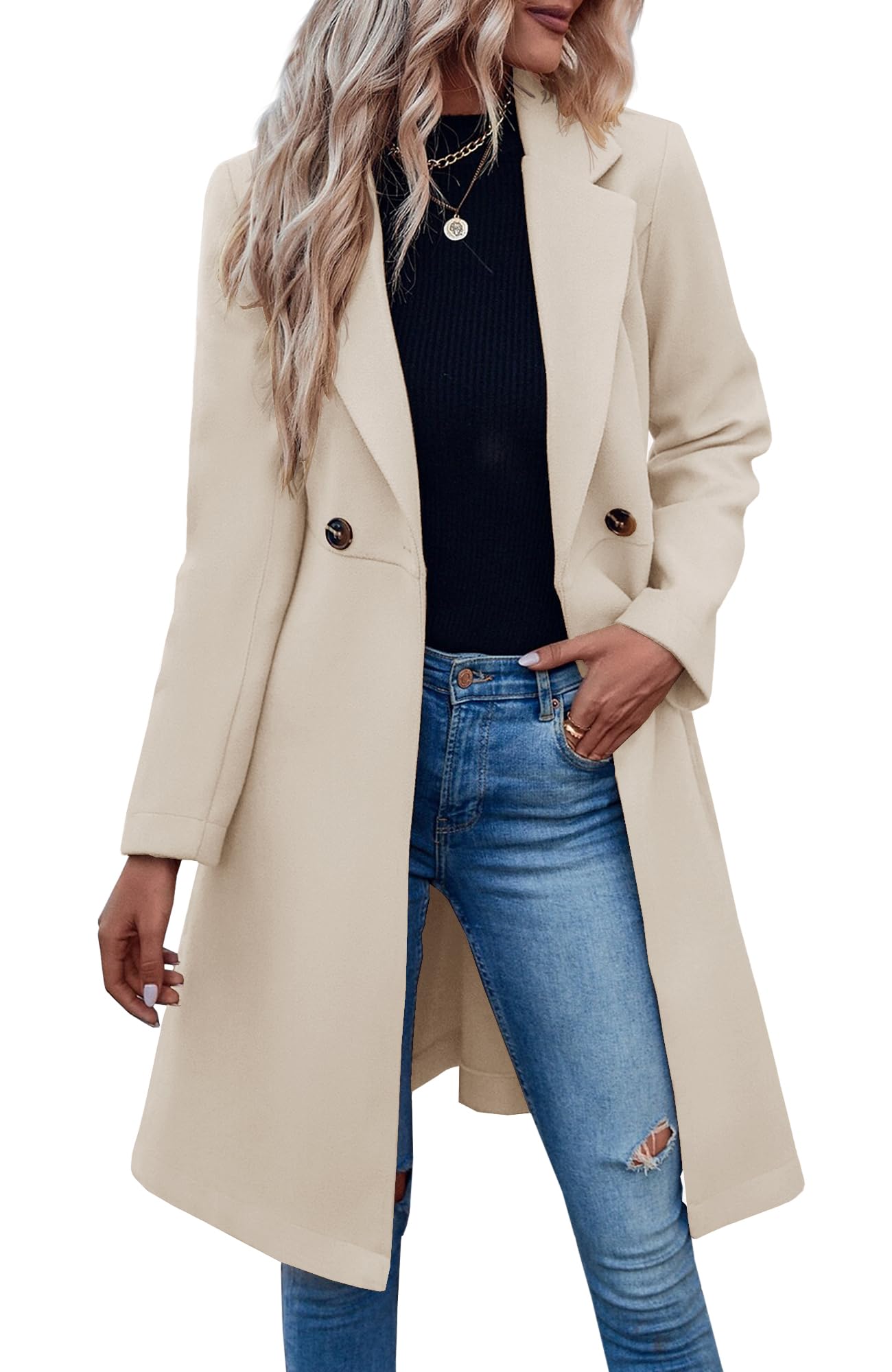 Fazortev Womens Pea Trench Coats Notched Lapel Double Breasted Belted Business Casual Jackets Outerwear