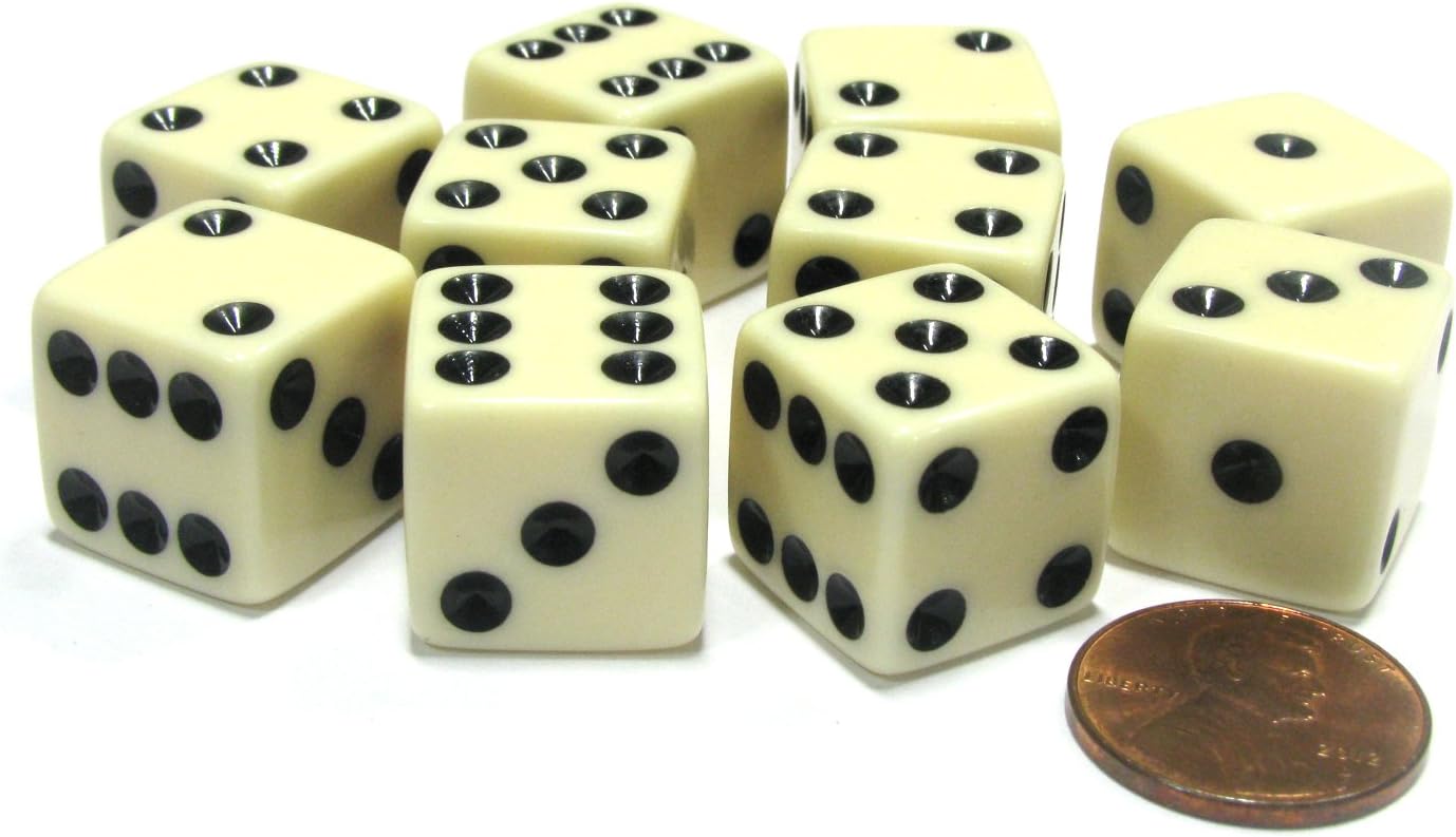 Set of 10 Six Sided Square Opaque 16mm D6 Dice - Ivory with Black Pip Die by Koplow Games