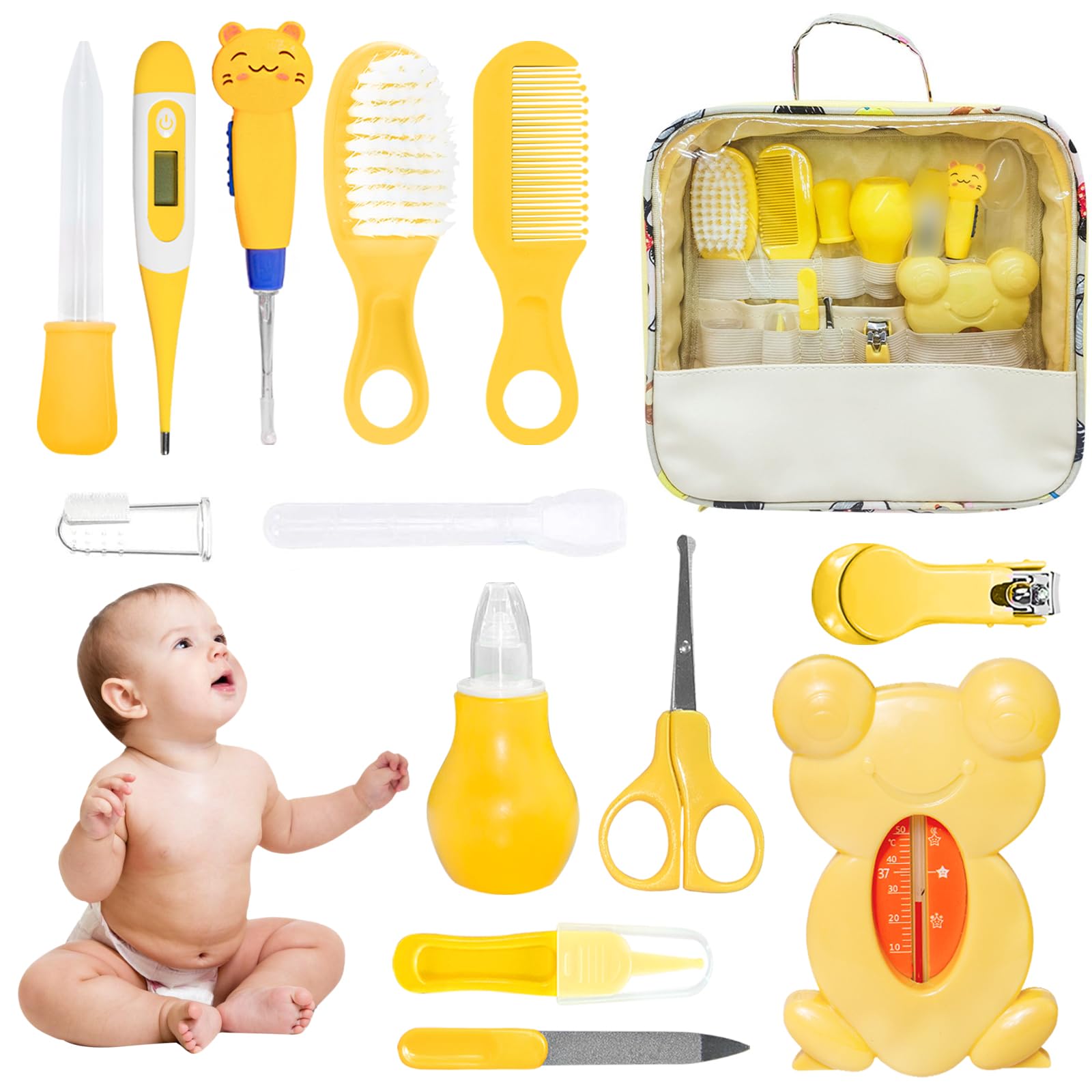 Trousse de Soin Bébé, HyAdierTech 13 Bébé Naissance Set, Kit de Soin Bébé, soins bébé Infirmière nouveau-né Bébé Clou Cheveux Soins de santé Des gamins Thermomètre Toilettage Brosse Trousse (Yellow)