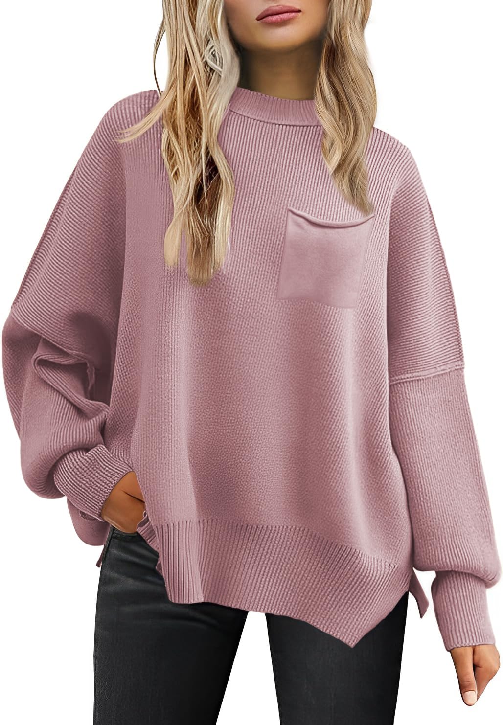 Photo 1 of Women's Oversized Sweaters 2025 Fall Fashion Casual Outfits Crewneck Long Sleeve Batwing Pullover Tops Spring Winter Clothes (Dusty Pink, L)