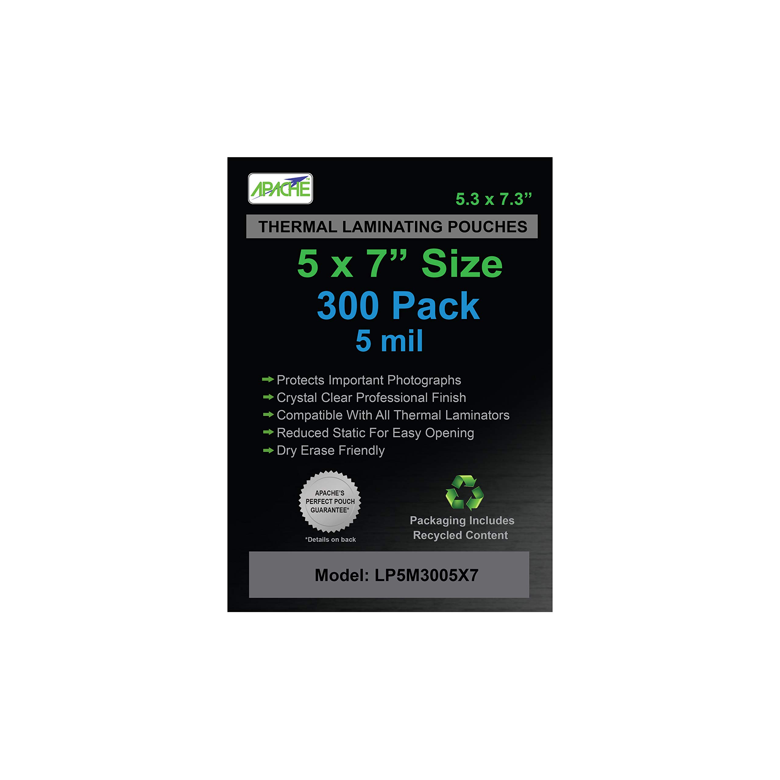 Apache 5x7" Size Laminating Pouches, 5 Mil, 300 Pack, 5.3 x 7.3"
