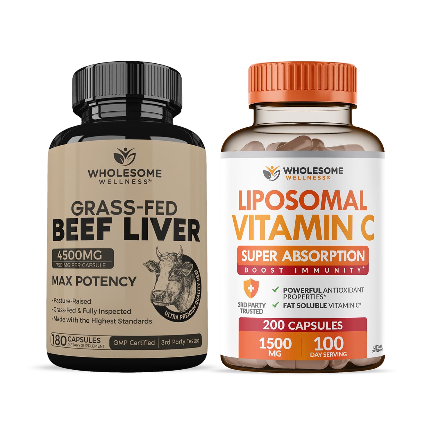 desiccated liver and glutathione Grass Fed Beef Capsules (180 Pills, 750mg Each) + Liposomal Vitamin C Capsules (200 Pills 1500mg Buffered) High Absorption VIT C Bundle : Health & Household Peptide & Vitamin Therapy