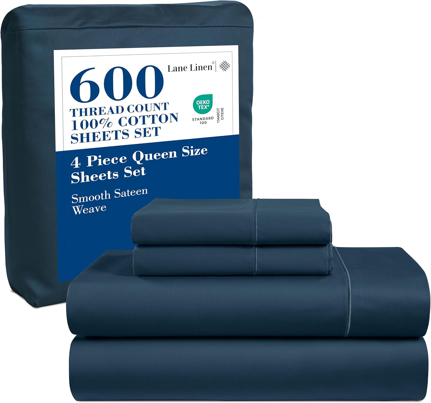 LANE LINEN Queen Bed Sheets - Pemium 600 Thread Count Long Staple 100% Cotton Sheets Queen Size Bed Set, Hotel Luxury Sateen Finish, 15" Deep Pocket Fitted Sheet, Cool & Durable - Denim
