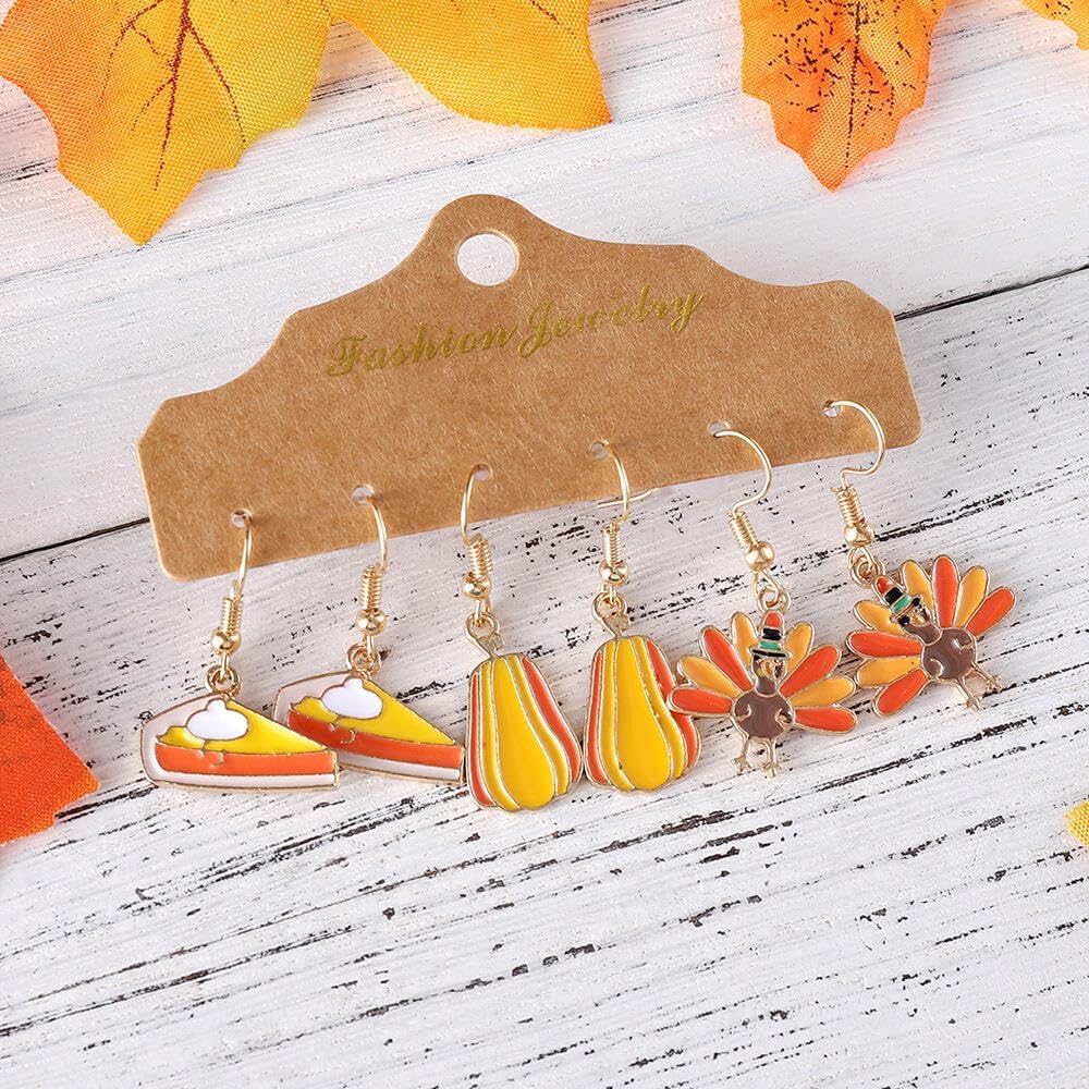 3PCS Thanksgiving Drop Earrings for Women Funny Cute Pumpkin Pie Hazelnut Turkey Earrings Autumn Fall Thanksgiving Holiday Earring Jewelry - Image 3