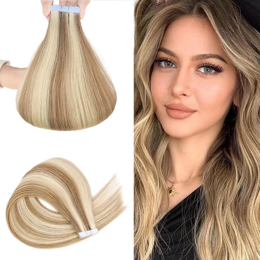 VADES Tape In Hair Extensions Human Hair Mixed Color Ash Blonde with Blonde Tape Hair Extensions Real Human Hair 20 Inch Invisible Seamless Skin Weft Extensions 50 Grams 20 Pieces