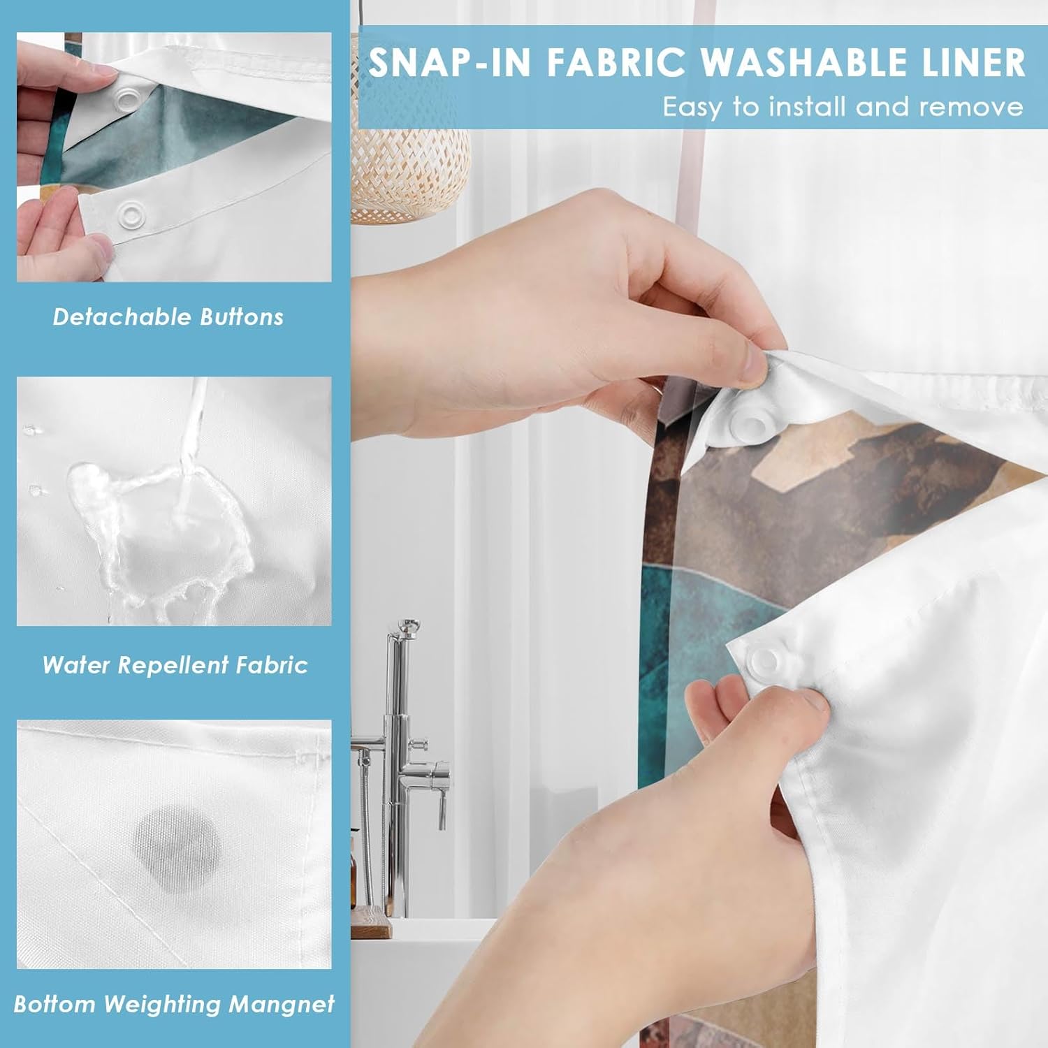 No Hook Boho Mountain Shower Curtain with Snap in Fabric Liner Set, Nature Forest Landscape Double Layers Waterproof Fabric with See Through Top Window Open Grommet Bath Curtain 71x74 Inch