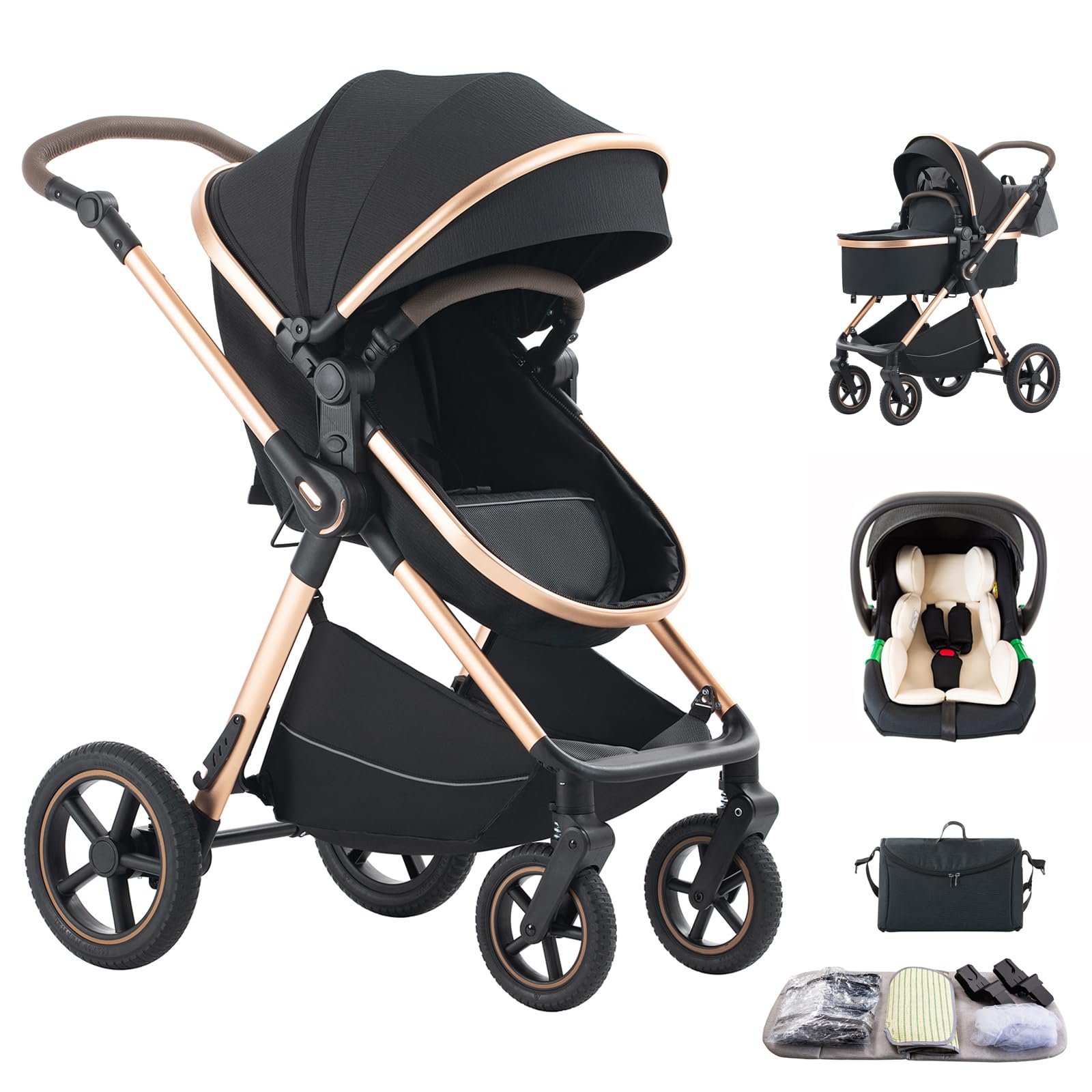 Kinderwagen 3 in 1,Puppenwagen Mit Babyschale Höhenverstellbarer Buggy Komplettset Faltbare tragbare,KombiKinderwagen Mit Aluminiumrahmen für Neugeborene 0 bis 3 Jahre (D2BLACK, H2-D)