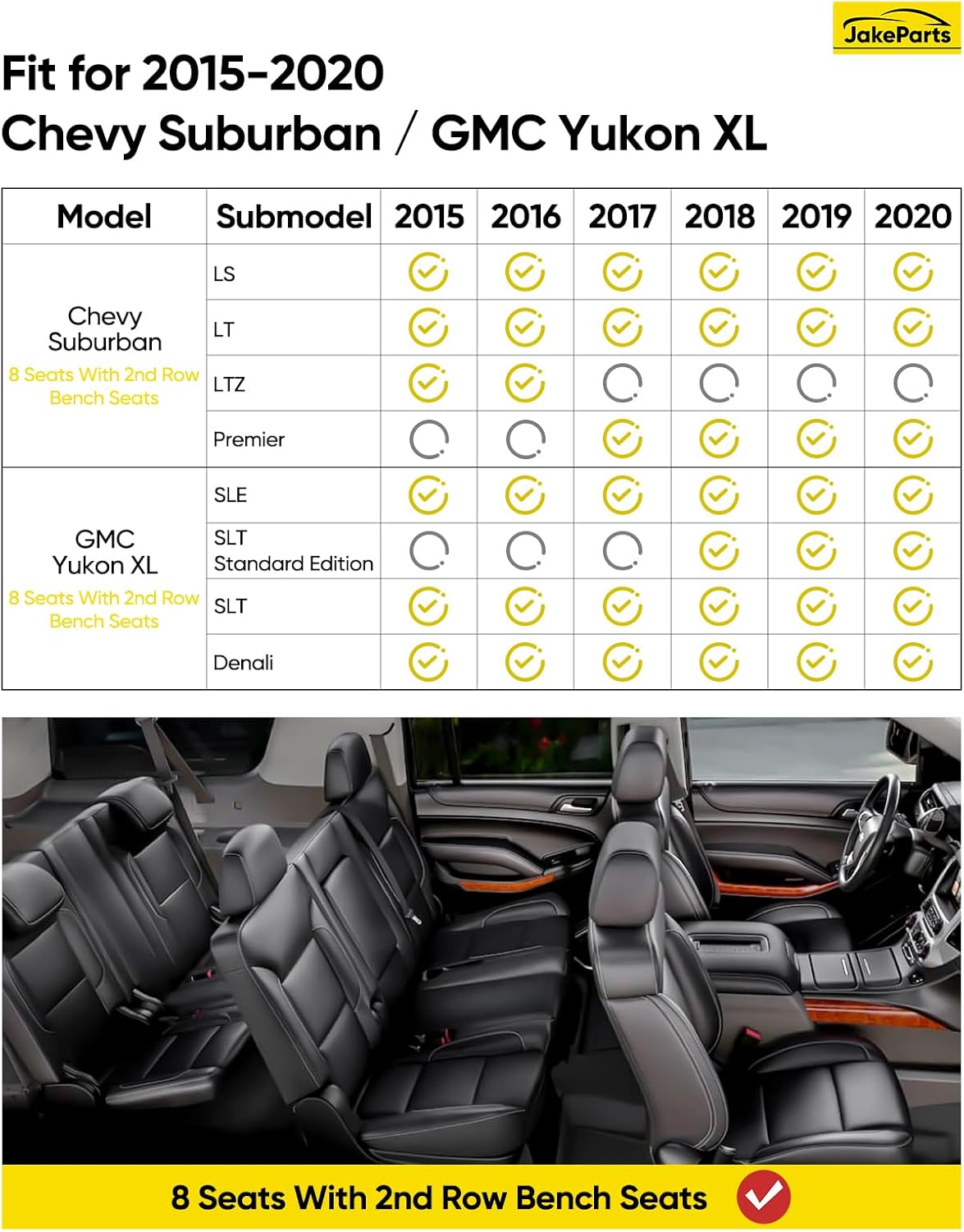 Floor Mats (Only 8 Seats) for Chevy Suburban & for GMC Yukon XL 2020-2015 with 2nd Row Bench Seats, All Weather Waterproof Car Liners for Chevrolet Automotive Accessories Black 2016 2017 2018 2019