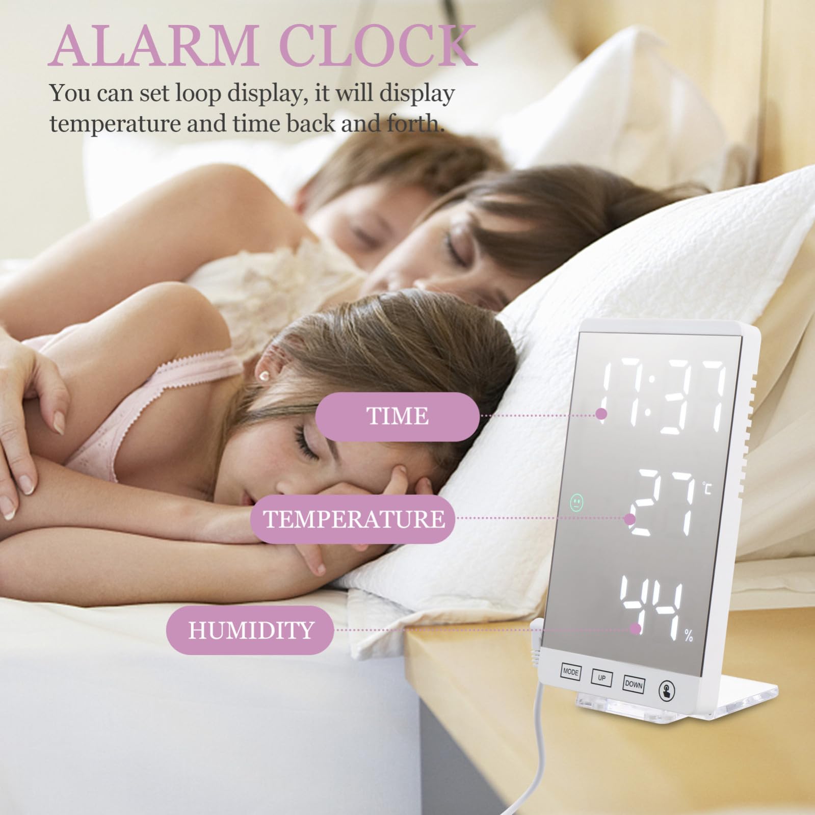 Orologio Elettronico Digitale da Tavolo con Display Temperatura e Umidità, Specchio Acrilico, Abs, Bianco, per Camera, Desktop