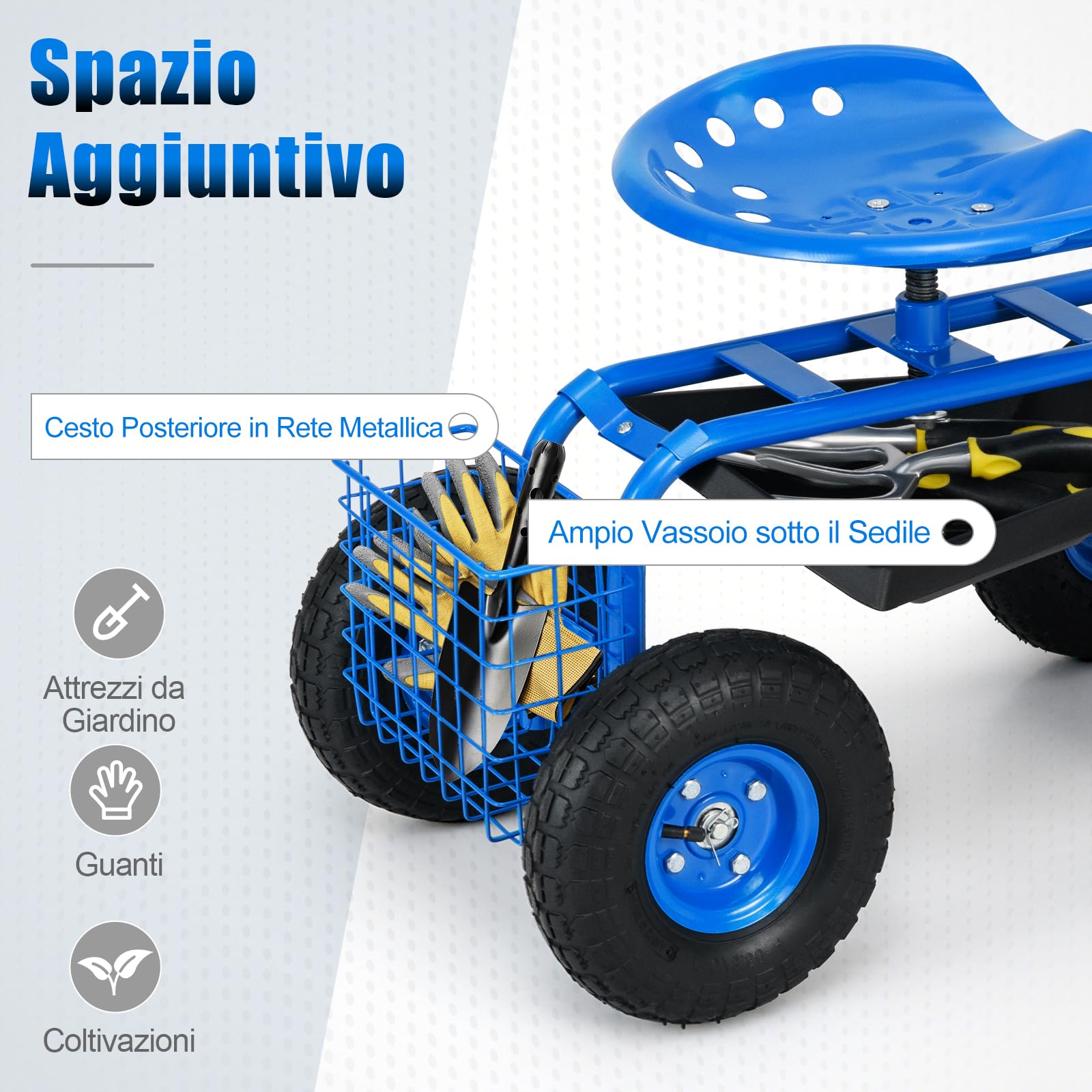 RELAX4LIFE Sgabello da Giardino per Esterno, Portata 130 kg, Sedia Carrello da Giardino con 4 Rotelline, Altezza Regolabile, Sgabello per Giardinaggio Potatura Orto (Blu)