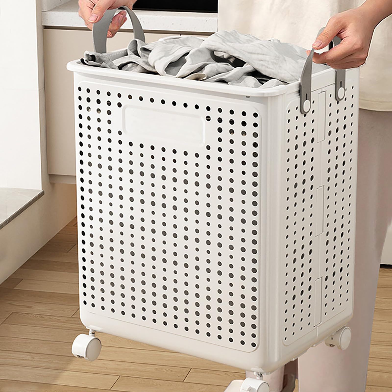 Plastic Basket with Handles Foldable Handle Basket Collapsible Laundry Hamper Folding Laundry Organizer Carry Plastic Baskets for Clothes White (Small)