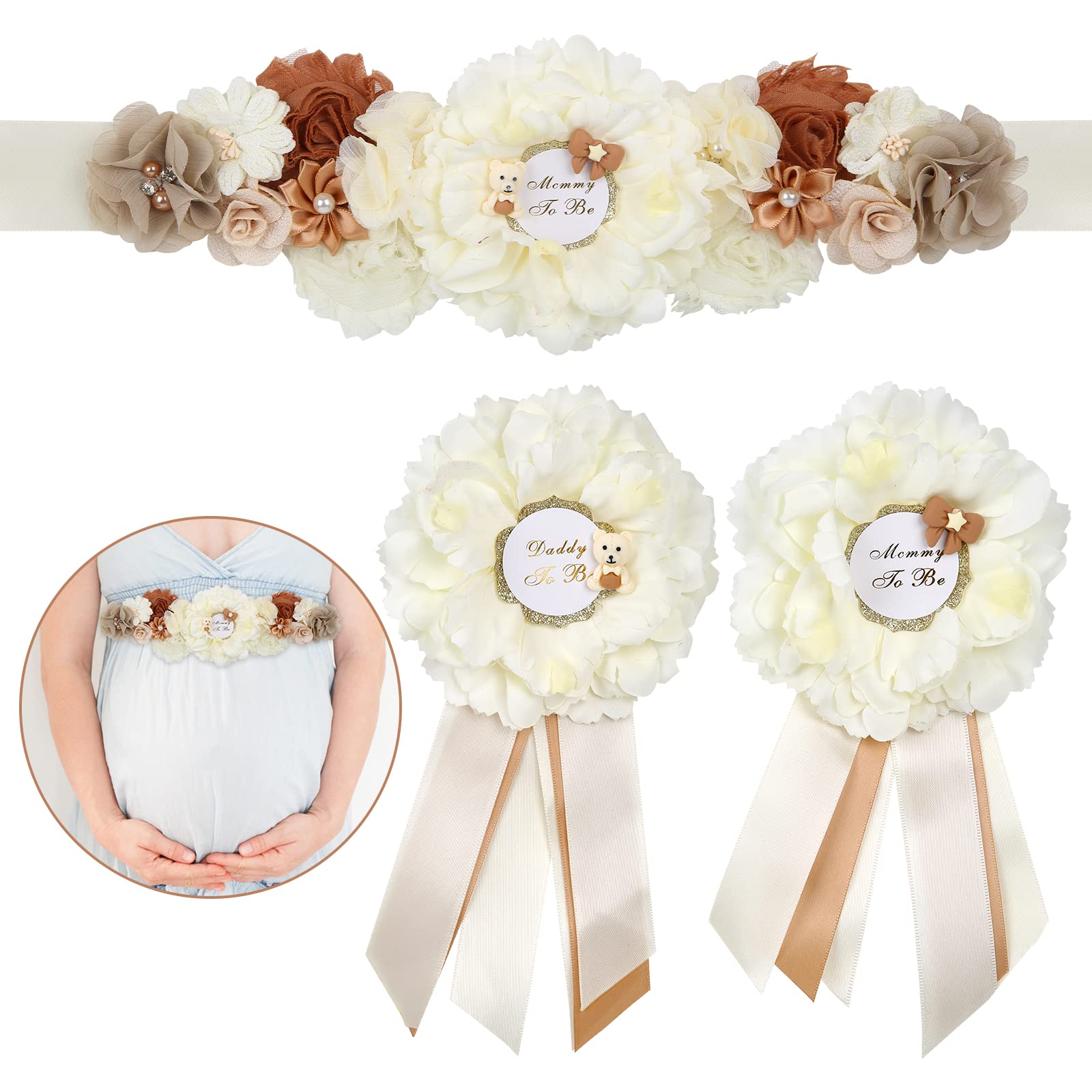 DaperCanly Teddy Maternity Sash Mom to Be Daddy to Be, Bear Theme Baby Shower Decorations for Gender Reveal Party - Mommy to be sash Shower, White Teddy Photo Props New Parents Keepsake