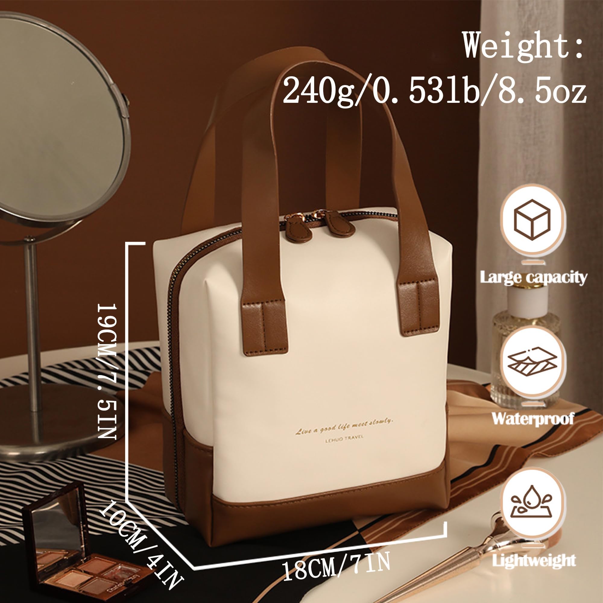 Minimalist Retro Style Makeup Bag for Women Girls Travel-Waterproof PU Leather Cosmetic Organiser for Makeup Brushes&Nail Polish/Portable Toiletry Bag with Zipper/Essentials Handbag - Image 2