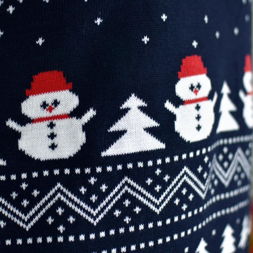 Pull de Noël pour Femme, Homme et Enfant Bleu avec Sapins, Bonhommes de Neige et Père Noël
