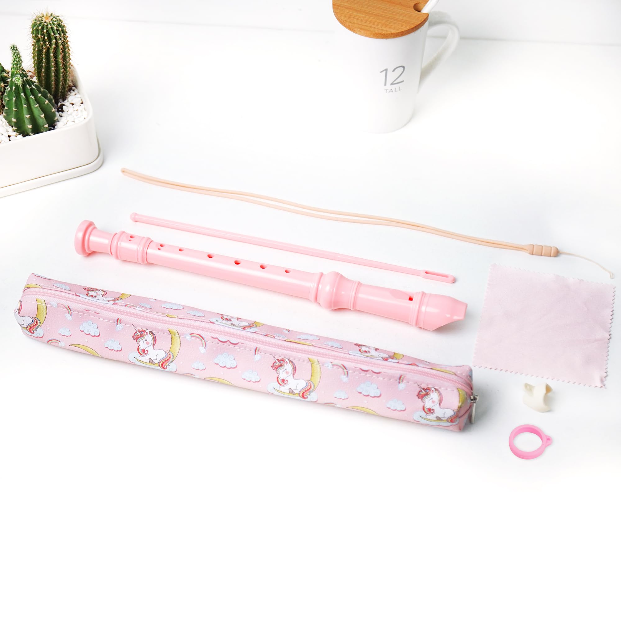 Flûte à bec soprano,avec sac en cuir pu, tige de nettoyage et tableau des doigtés,Chiffons de nettoyage,pièges à main,supports,lanières(6-La Licorne rose)