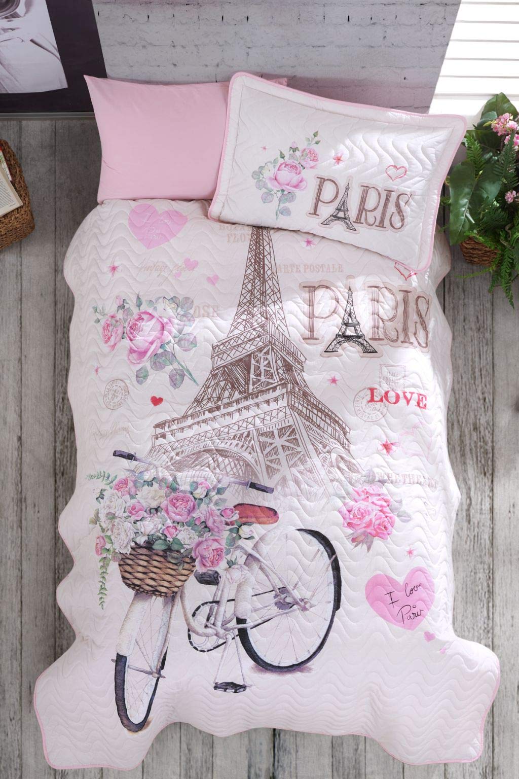 100% Cotton Paris Bedding, Eiffel Tower Themed Bedspread Coverlet with Pillowcase, Pink, Twin Size