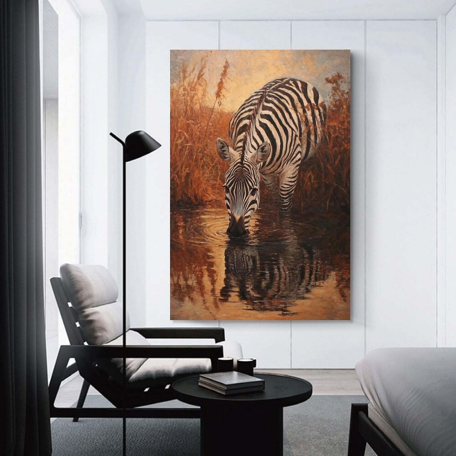 Junmoney Unframe-Style-9 Zebra Drinking At Sunset Hanging Wall Art, 24X36inch(60X90cm), For Entrance Walls, Hall Decor Or Foyers, Wall Decor To Refresh Empty Corners
