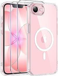 Qasyfanc Magnetic for iPhone 17e Case iPhone 16e Case with 2 Tempered Glass Screen Protector, Compatible with MagSafe, Full Camera Protection, [Anti-Yellowing] Shockproof Protection Phone Case, Clear
