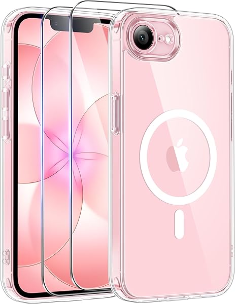 Qasyfanc Magnetic for iPhone 17e Case iPhone 16e Case with 2 Tempered Glass Screen Protector, Compatible with MagSafe, Full Camera Protection, [Anti-Yellowing] Shockproof Protection Phone Case, Clear