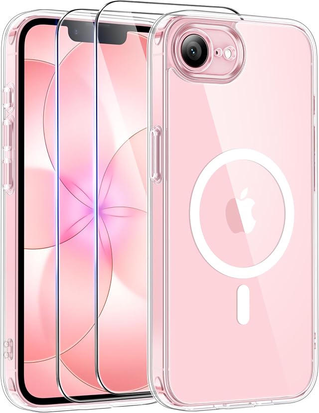 Qasyfanc Funda Magnética para iPhone 16e/iPhone 17e Compatible con MagSafe con 2 Protector Pantalla, Protección De Cámara, Carcasa Anti-Amarillo Antigolpes, Anti-Arañazos Respaldo, Transparente