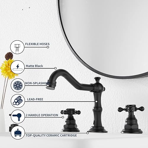 Miniatura 5 de GGStudy - Grifo mezclador de 2 manijas para lavabo de tres agujeros, para lavabo de baño extendido de 8 a 16 pulgadas, con desagüe de metal que se