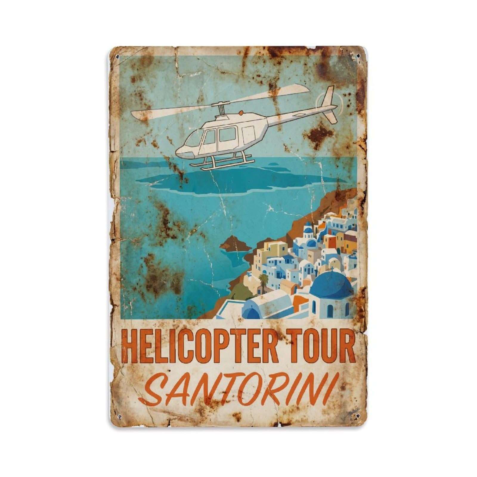 Este 8X12inch Style Vintage Travel Santorini Helicopter Tour Metal Tin Sign