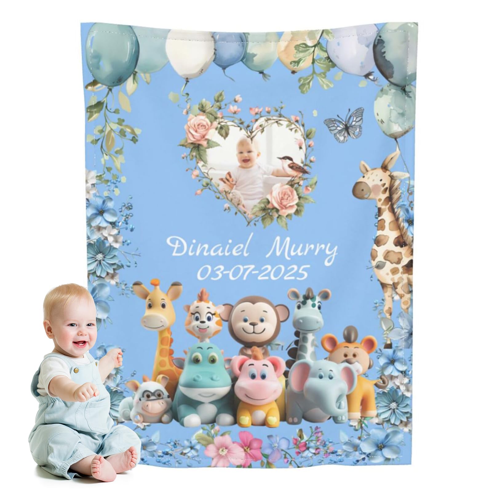 FAHOXUMR Personalised Baby Boy Blanket with Name, Custom Photo Blanket Soft Flannel Personalised Swaddle Blankets for Girl as Custom Gifts for Newborns, Infant