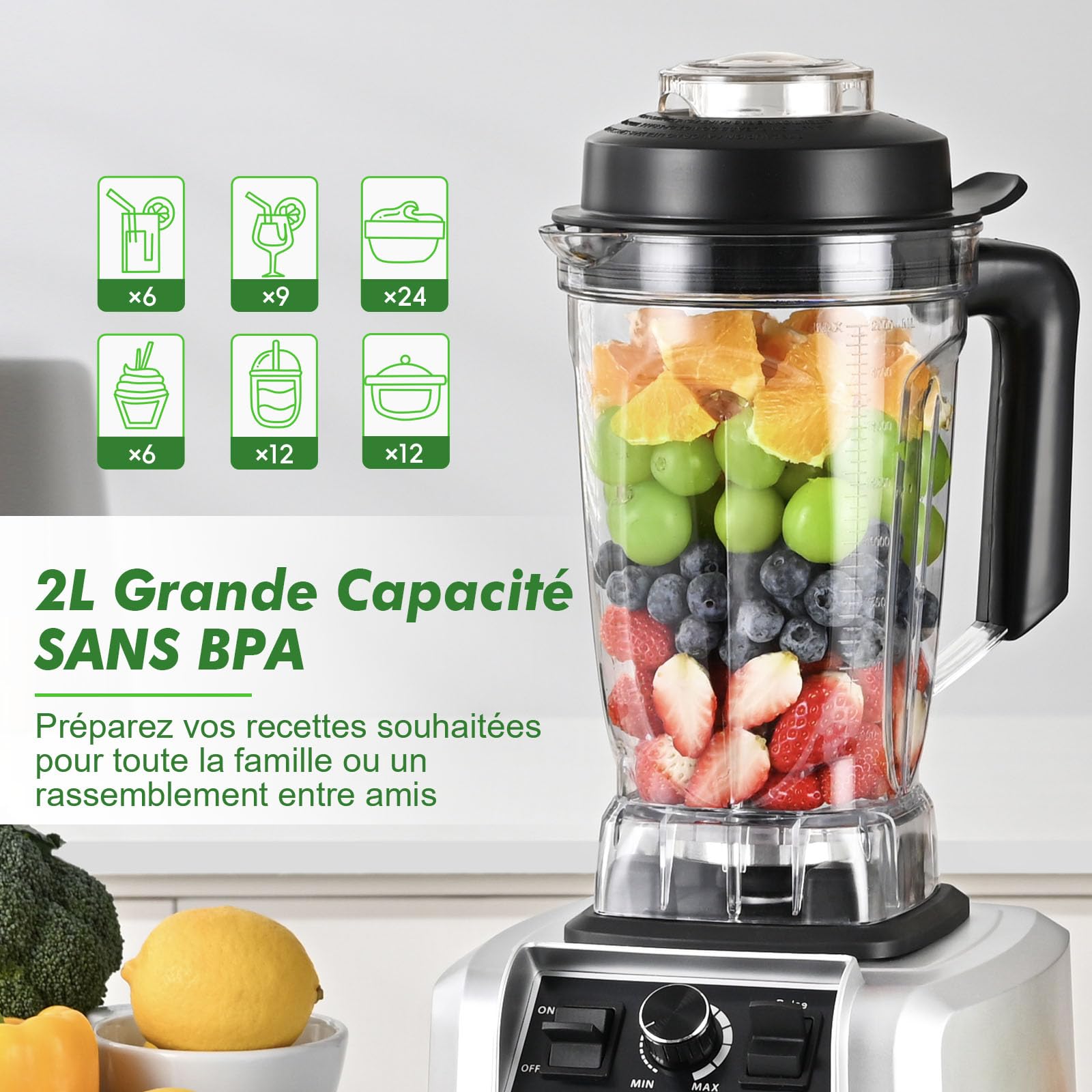 Kitchen in the box Blender Professionnel 2L, Mixeur électrique 1500W Haute Performance, Le choix pro des cuisines familiales, Lames premium à 8 points, Smoothie parfait en 30s, Glace Pilée (Argent)