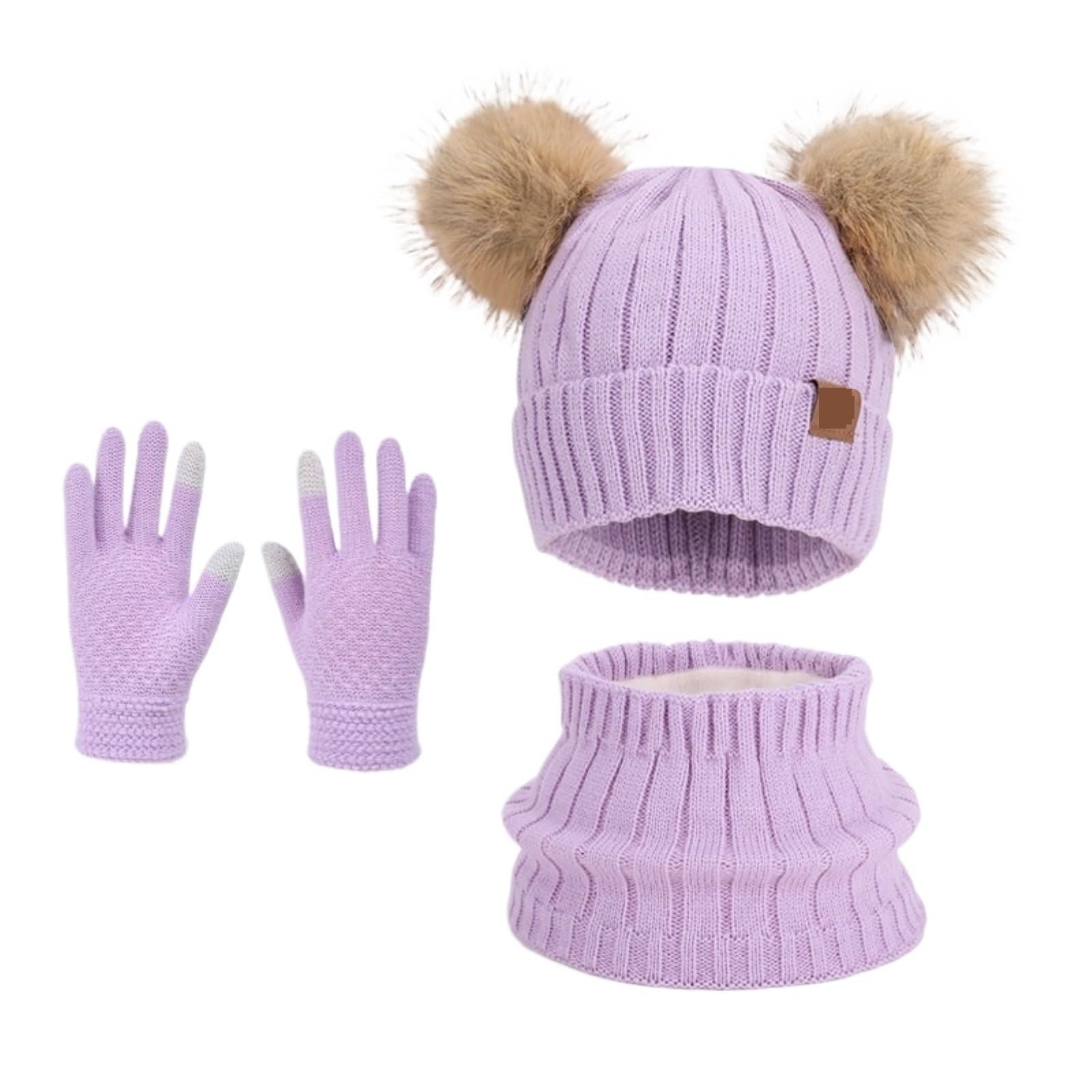Set Cappello Sciarpa Guanti Set Invernale Caldo da 3 Pezzi con Cappello, Sciarpa E Guanti Pompon Inverno(Purple)