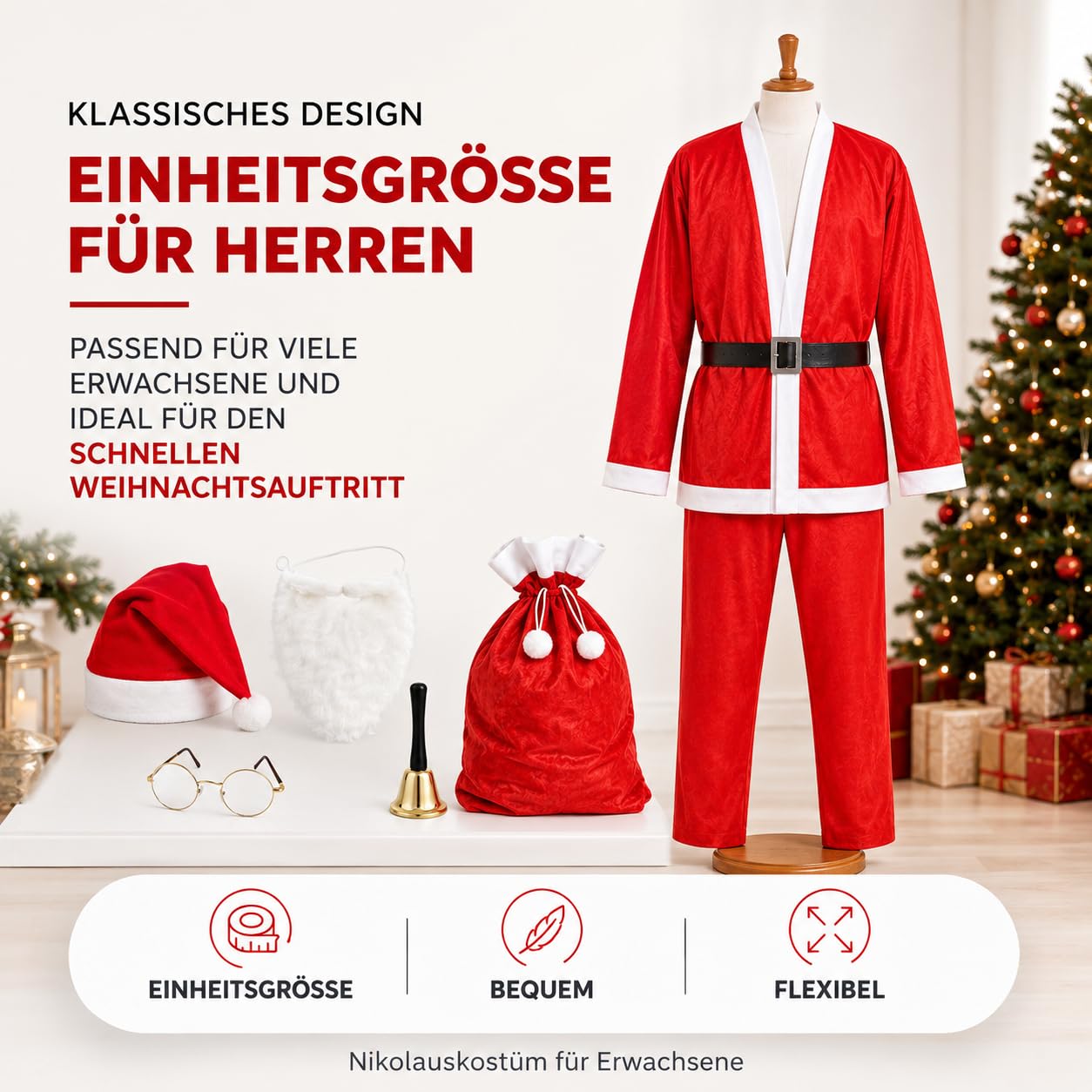 Kostimheld® 6 w 1 kostium Mikołaja - kostium Świętego Mikołaja - na Boże Narodzenie - kostium Mikołaja - Święty Mikołaj - dla mężczyzn/dorosłych (wybór ilości)