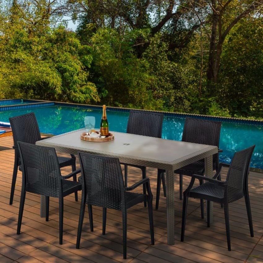 Table rectangulaire et 6 chaises Poly rotin resine Ensemble Bar cafè Exterieur 150x90 Beige Marion