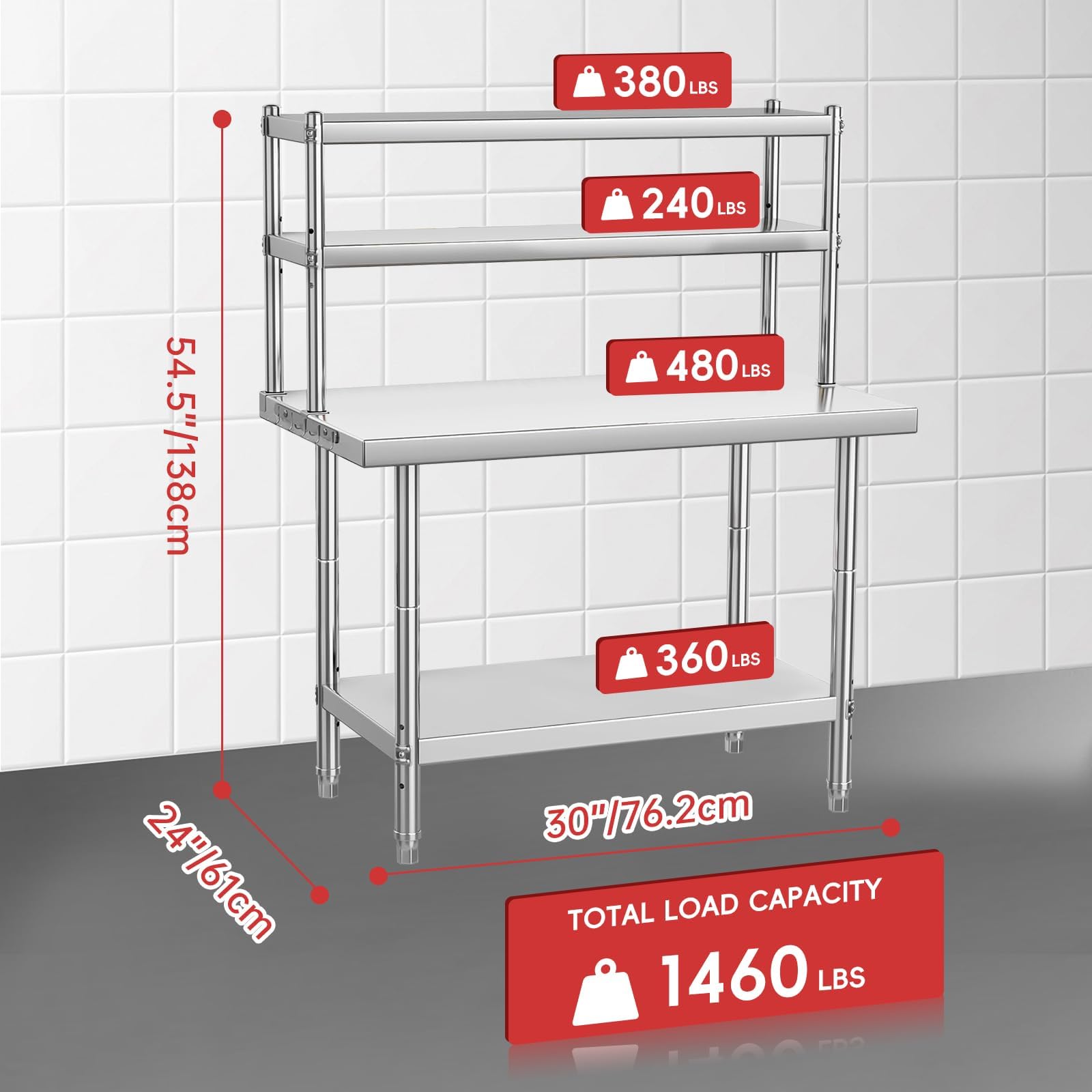 Arbeitstisch aus Edelstahl mit 2 oberen Regalen, 76 x 61 x 138 cm, Arbeitstisch, Küche, Tragfähigkeit 662 kg, Füße aus Edelstahl für Küche, Restaurant, Garten, Garage