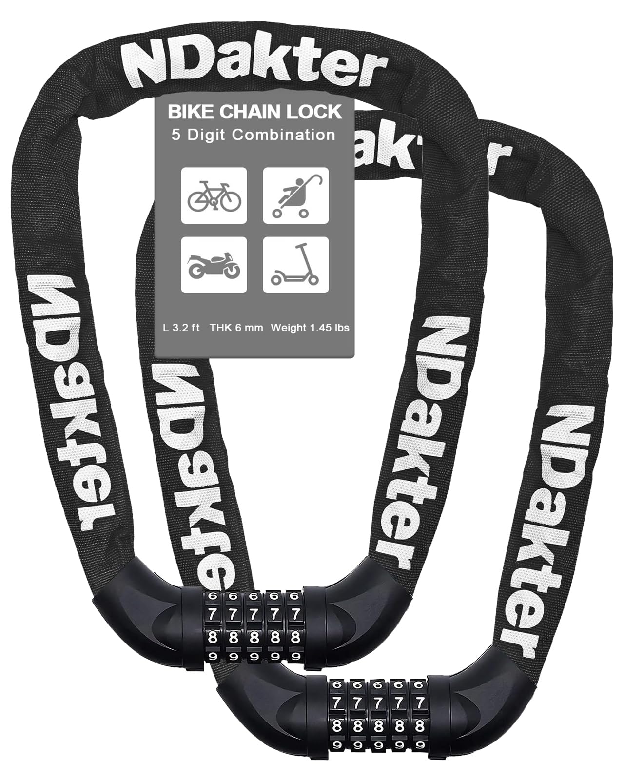 NDakter Bike Lock, 5 Digit Combination Heavy Duty Anti Theft Bicycle Chain Lock, 2.62/3.2/4.27/5/6Ft Long, High Security Resettable, Suitable for Bike, Scooter, Door, Gate, Fence-4/6mm Thick