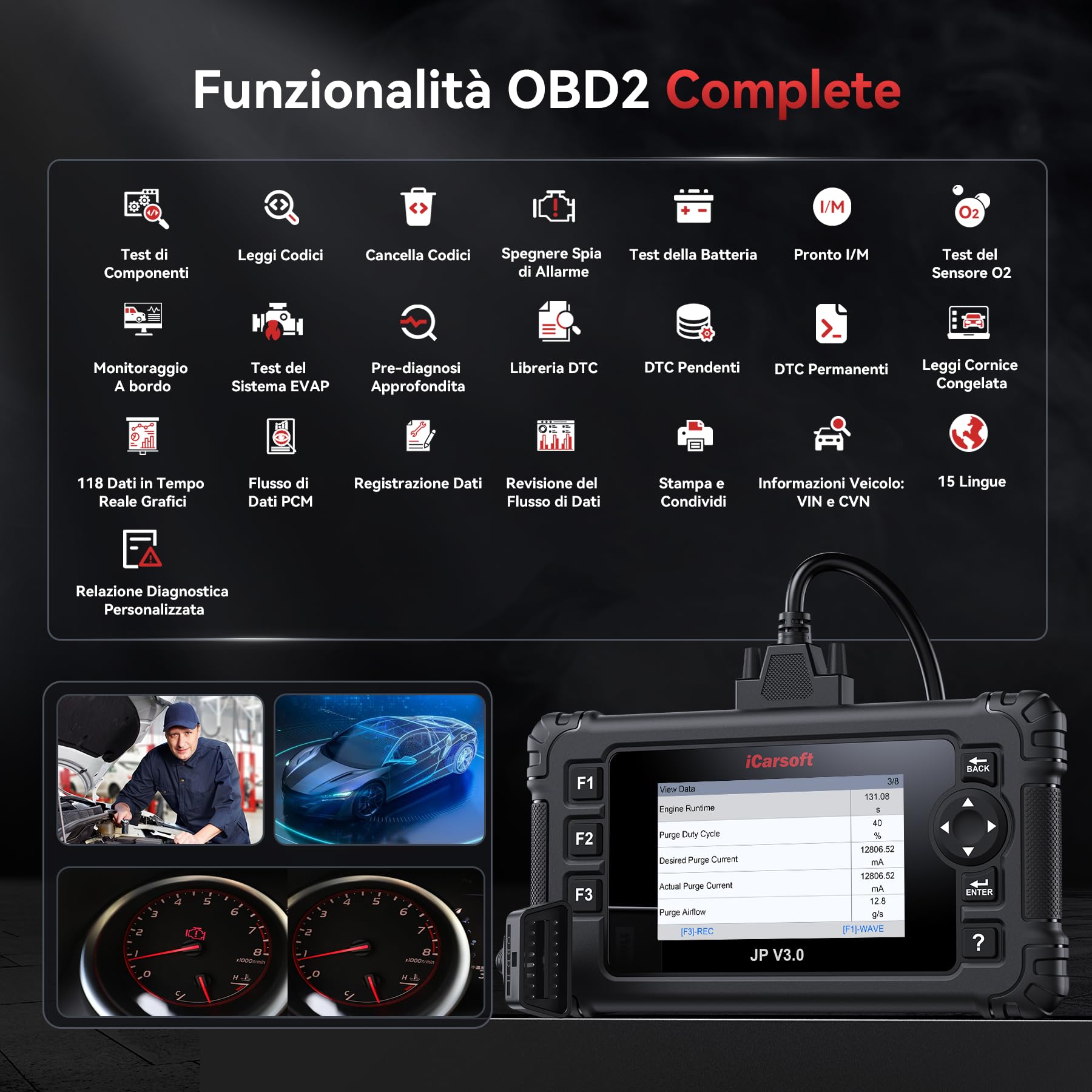 iCarsoft JP V3.0 OBD2 Auto Diagnostica per Toyota/Honda/Mitsubishi/Suzuki/Mazda/Hyundai, Diagnosi Auto in Italiano per Tutti i Sistemi, 47 Servizi, Test Bidirezionale, Auto VIN, Aggiornamento a Vita