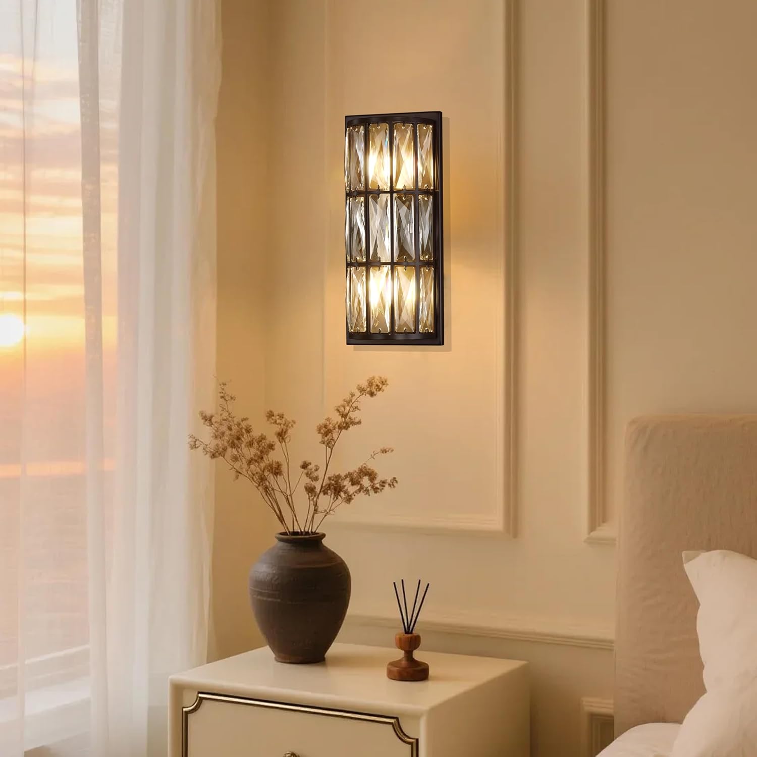 2 Pack 2 Light 13.85" Modern Concise Polyhedral Crystal Shade Wall Sconce Light Fixtures,Oil Rubbed Bronze Finish for Bathroom,Bedroom Living Room Bedside E12 Base