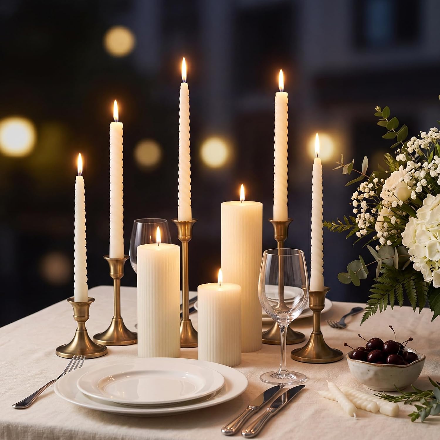 Conelist 9 Pcs Modern Decorative Candles Set, 3 Pillar Aesthetic Ribbed and 6 Spiral Taper Twisted Candles, Unscented Soy Wax for Wedding Holiday Dinner Home Decor (White)