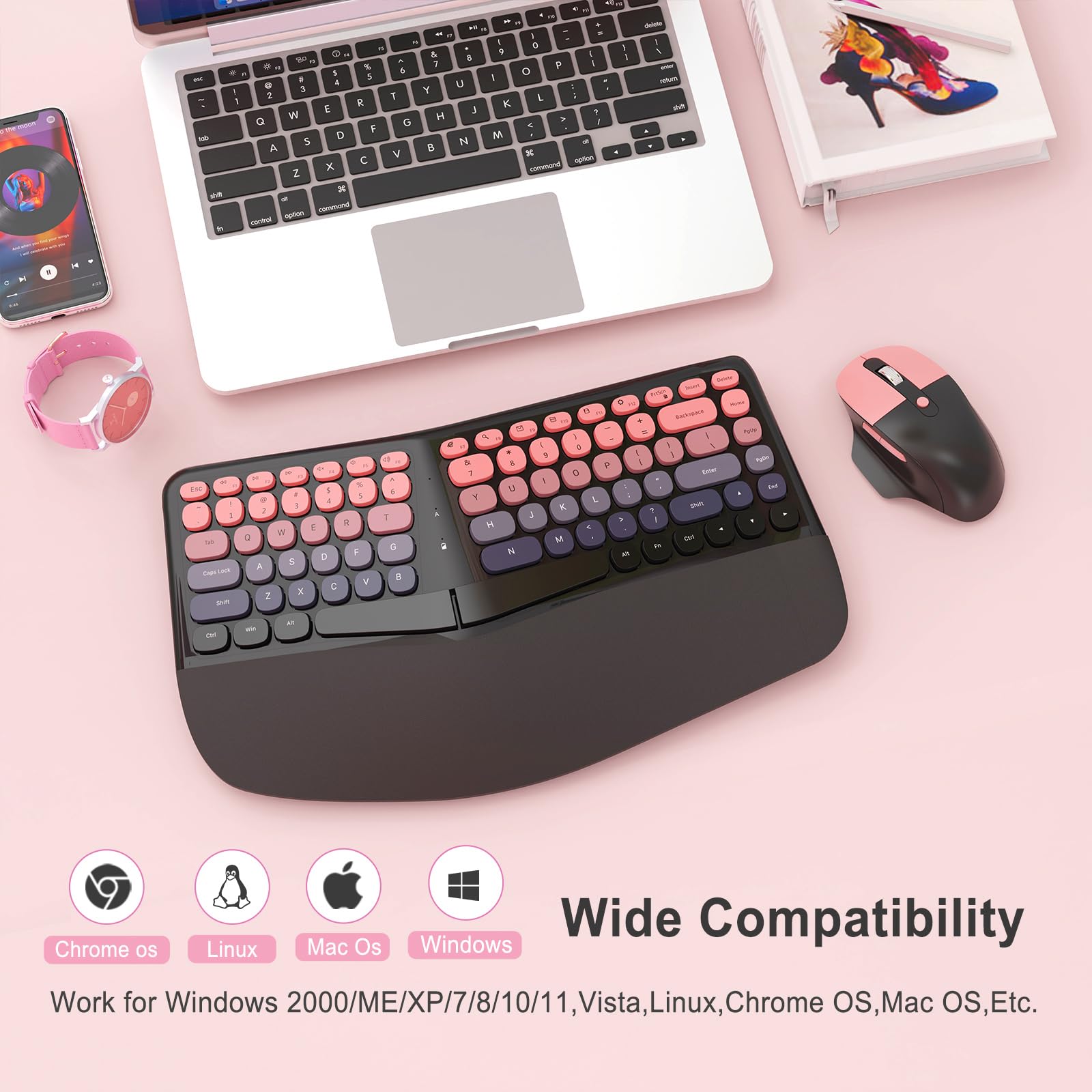 Tastiera e mouse wireless ergonomici, set da gioco meccanico con poggiapolsi, OTG e pennello, ideale per PC Windows, casa, ufficio e università, nero e rosa