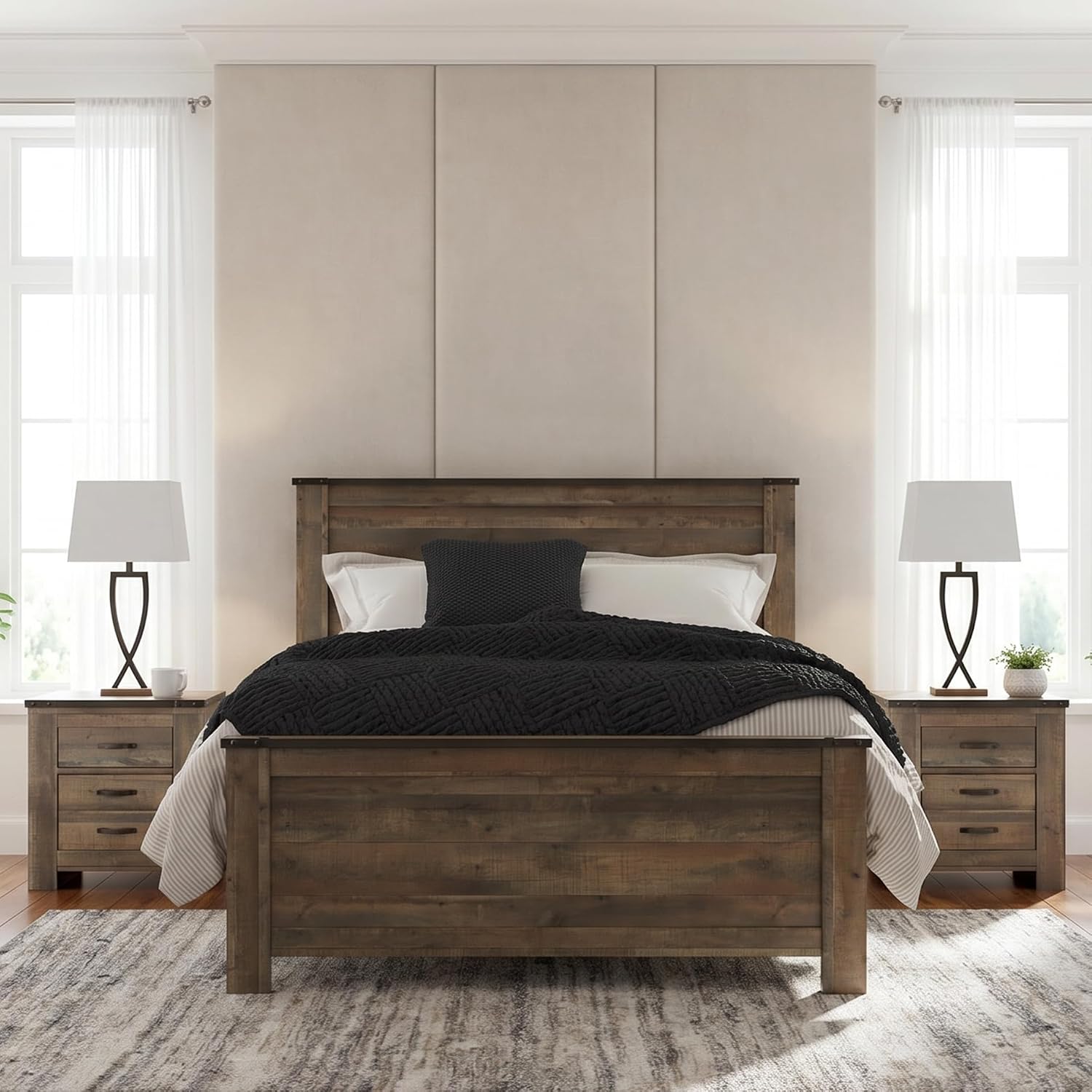 Signature Design by Ashley Trinell Rustic Queen Panel Bed, Brown | Durable engineered wood and decorative laminate, Rustic nailhead trim accents, Warm replicated oak grain authentic touch