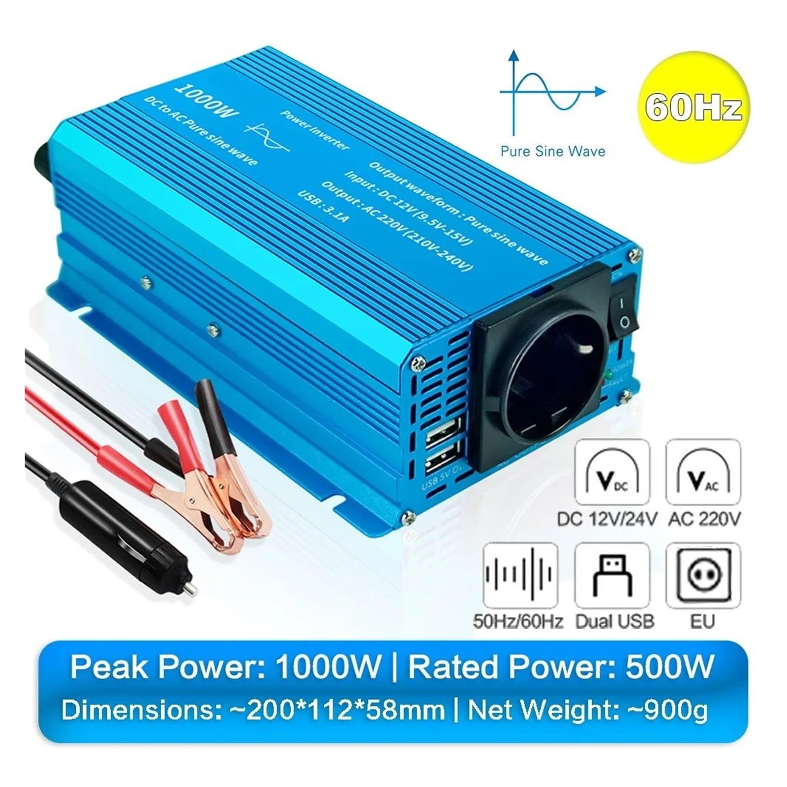 Power Inverter Inversor Corriente Onda Sinusoidal Pura 1000W/1500W/2200W CC 12V/24V A CA 220V Convertidor Voltaje para Adaptador Carga USB Dual Convertidor(12V,1000W 60Hz EU)
