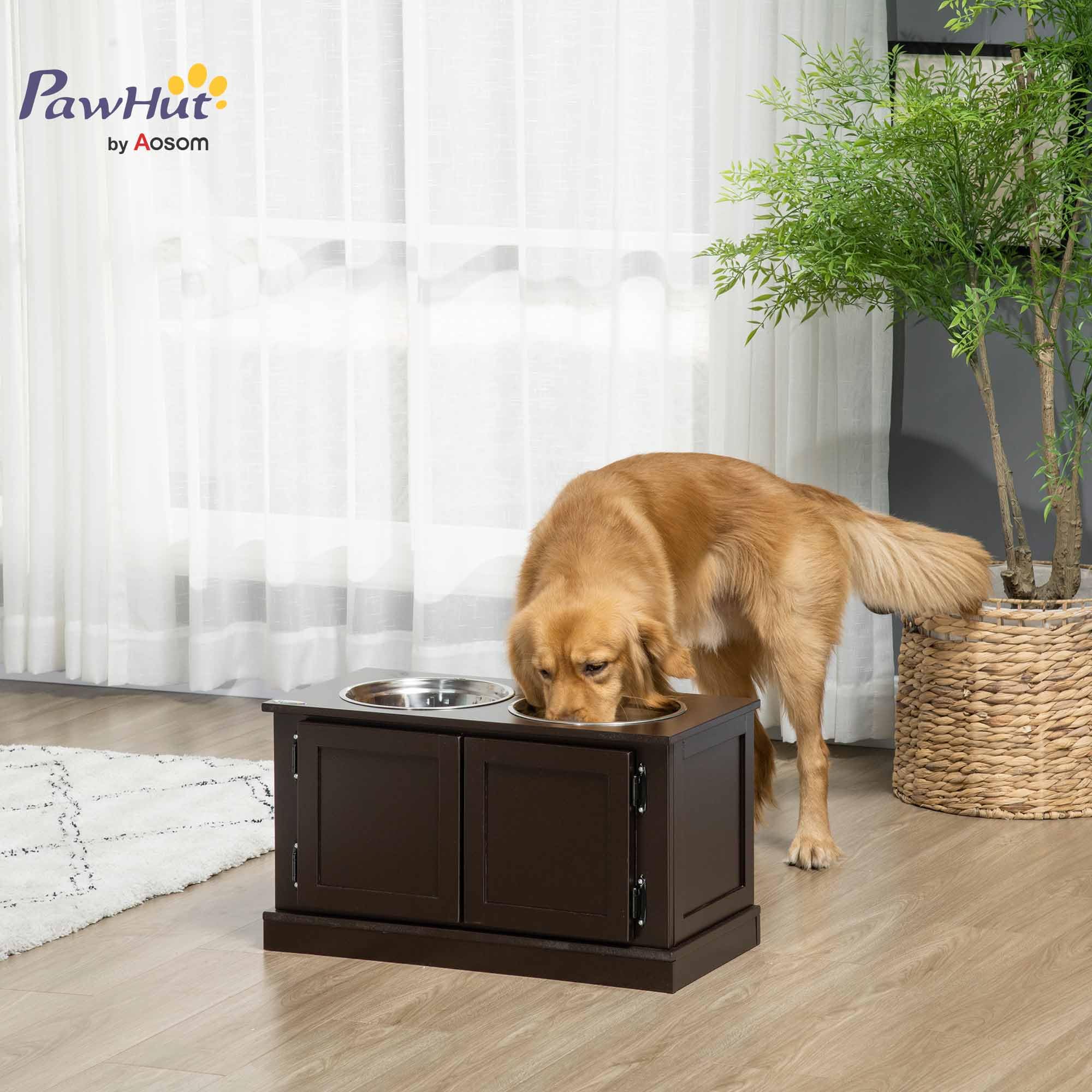 PawHut Comedero para perros, comedero elevado con 2 cuencos de acero inoxidable, cuenco de agua con espacio de almacenamiento de 29,5 l, comedero para perros grandes, café