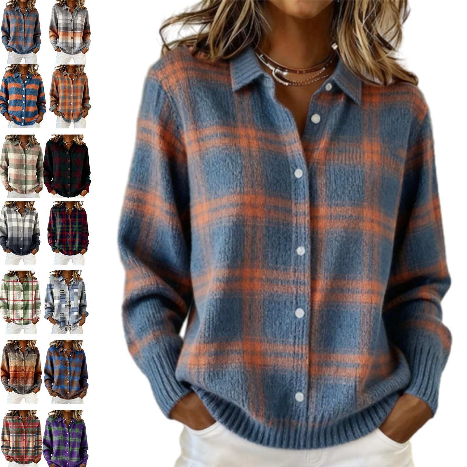 Womens Plaid Print Casual Cotton Buttoned Cardigan Sweater Plaid Knitted Cropped Cardigan Sweater Button up Cardigan