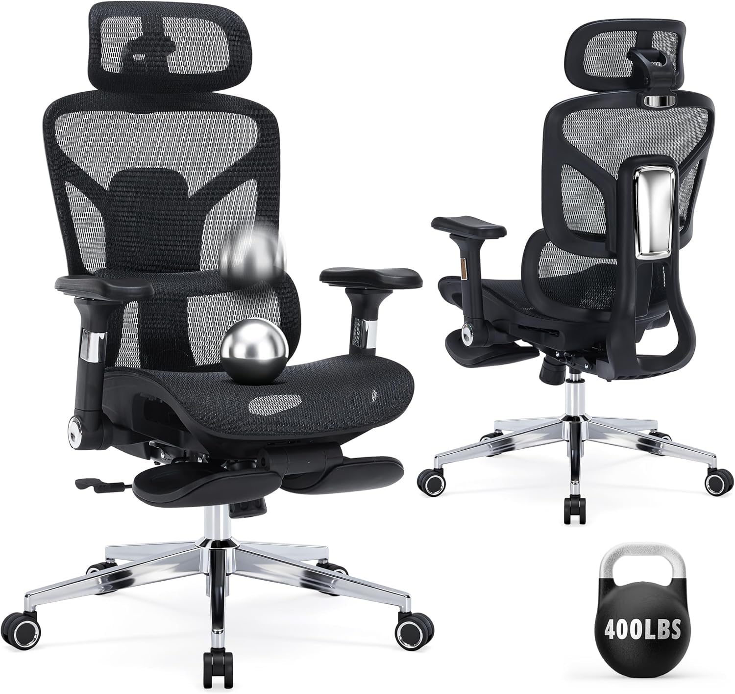 Ergonomic Office Chair with Footrest-Mesh Desk Chair with Adjustable Headrest, 5D Armrests, 3D Lumbar Support & Adjustable Backrest, High Back Swivel