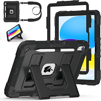 Case for iPad A16 11th/10th Generation 11/10.9 Inch 2025/2022, Ubearkk for iPad a16 case Military Grade Fully-Body Rugged Shockproof Cases with Large Kickstand Pen Holder Shoulder Strap, Black
