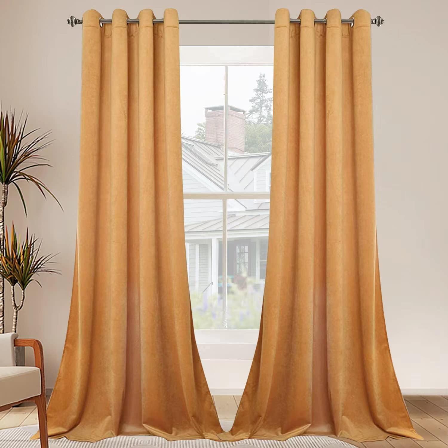 HANGEENGS Velvet Blackout Curtains For Bedroom,Super Soft Window Treatment Thermal Insulated Grommet Blackout Drape 2 Panels Soundproof Velvet Draperies,Orange,29x54 in(WxL)