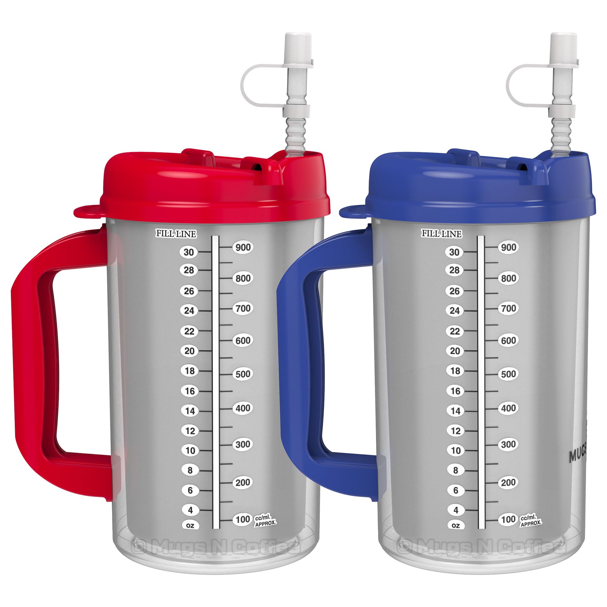 Mugs N Coffee 2-Pack 32 oz Travel Mugs – Red and Blue Hospital Mugs for Cold Drinks – Double Wall Insulated, Large Handle – BPA-Free, Leak-Resistant – Includes Lids and Straws – Made in USA