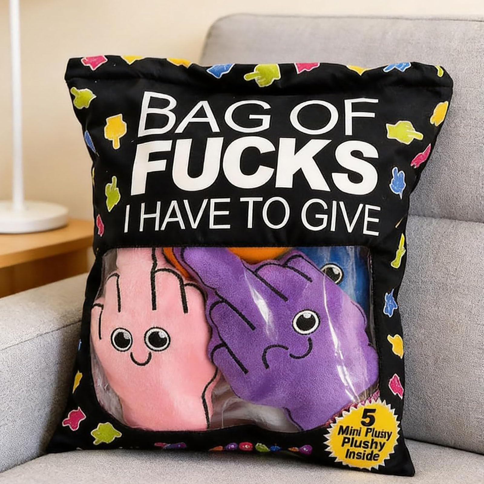 Set di cuscini imperdibili un set di cuscini decorativi morbidi e divertenti composto da 5 cuscini in peluche a forma di dito medio caratterizzati da fantasiosi motivi astratti