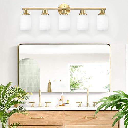 Miniatura 6 de Luces de tocador de 5 luces, lámpara de baño de oro cepillado con pantalla de vidrio blanco lechoso texturizado a rayas, accesorio de iluminación